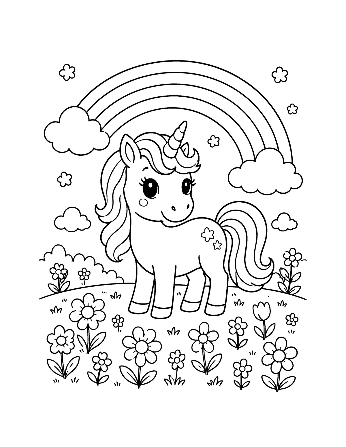 Ausmalbild mit Einhorn, Regenbogen und Blumen aus „Meine magische Einhornwelt“