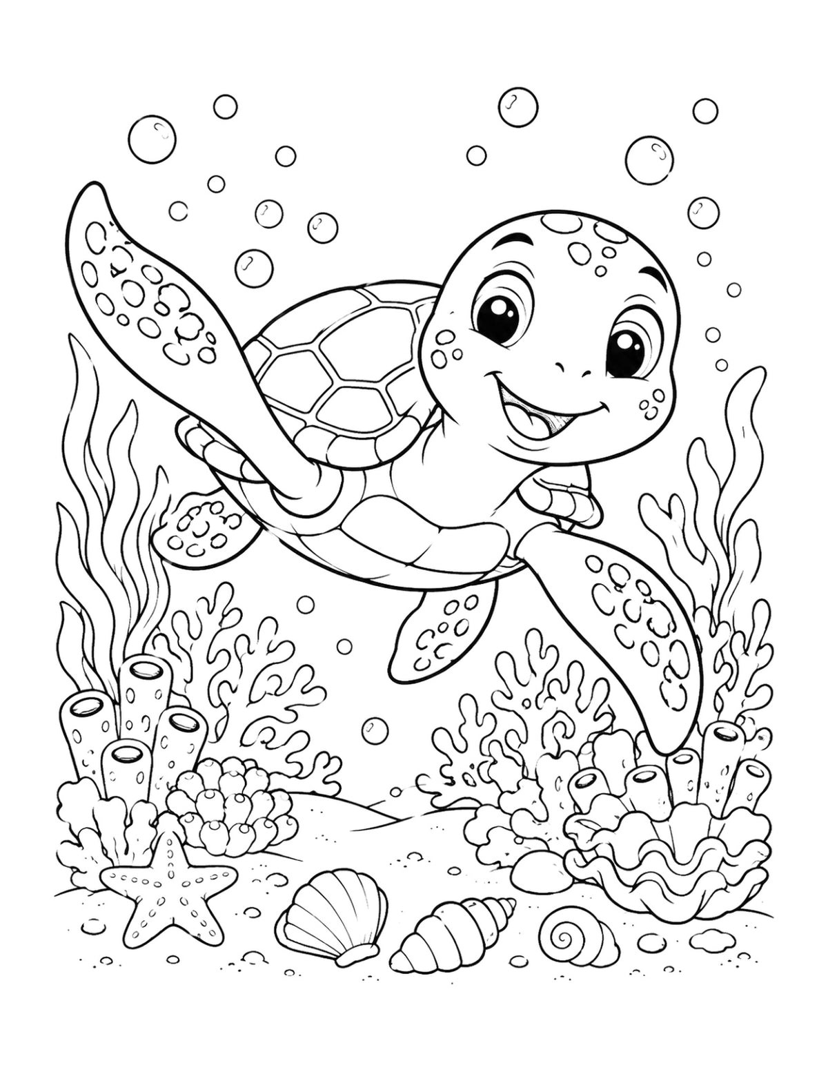 Ausmalbild mit Meeresschildkröte, Korallen und Muscheln aus „Unterwasser-Abenteuer“