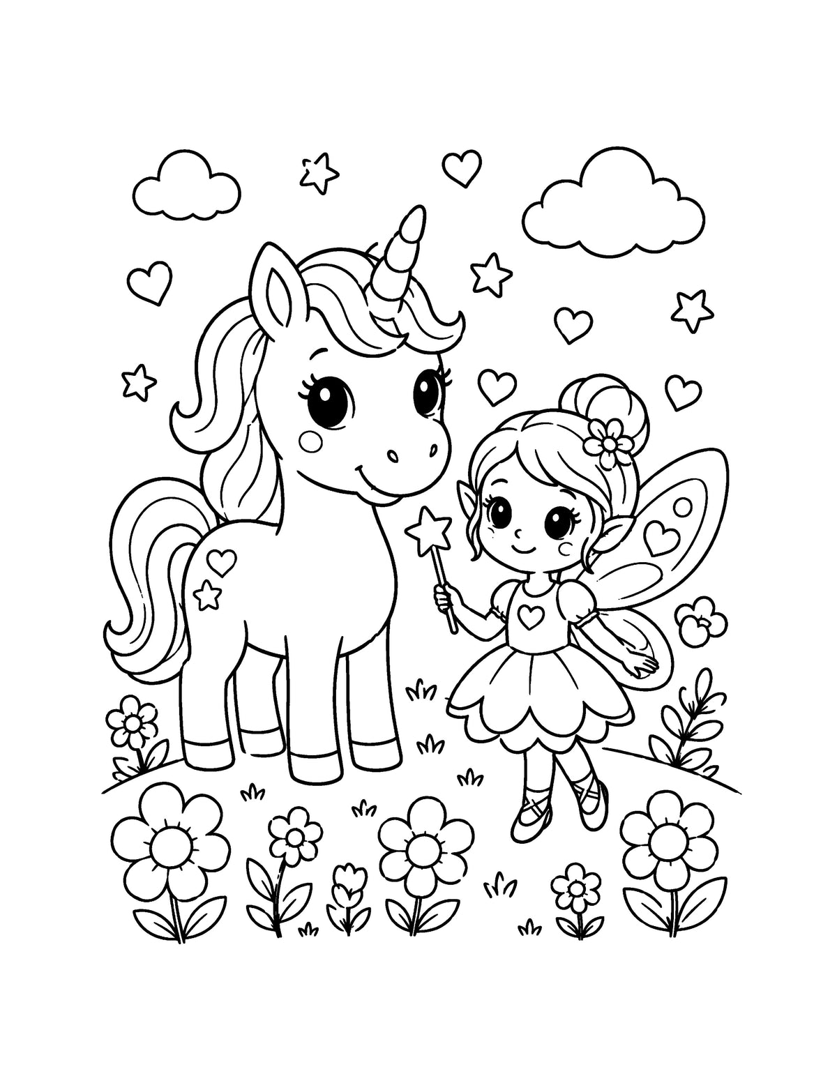 Ausmalbild mit Einhorn und kleiner Fee in einer Blumenwiese aus „Meine magische Einhornwelt“