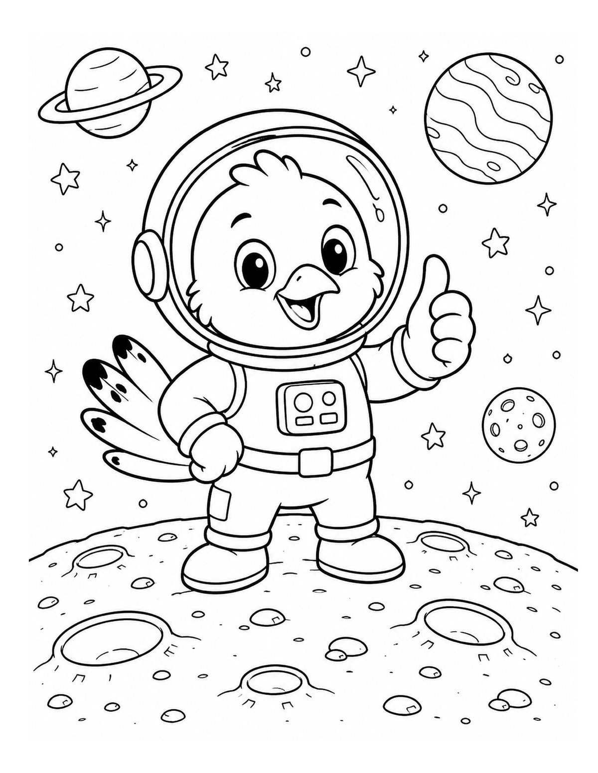 Ausmalbild mit kleinem Astronauten auf dem Mond und Planeten aus „Weltraum-Abenteuer“
