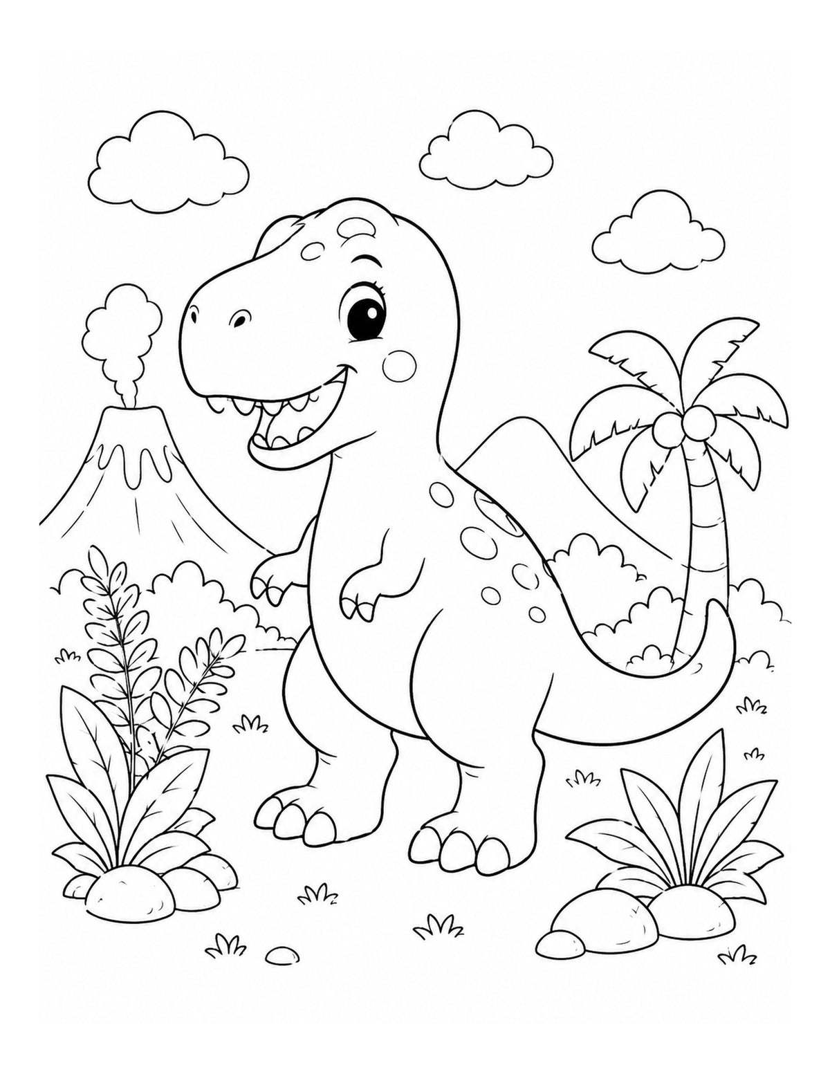 Ausmalbild mit T-Rex, Vulkan und Urzeitpflanzen aus „Dinosaurier-Abenteuer“