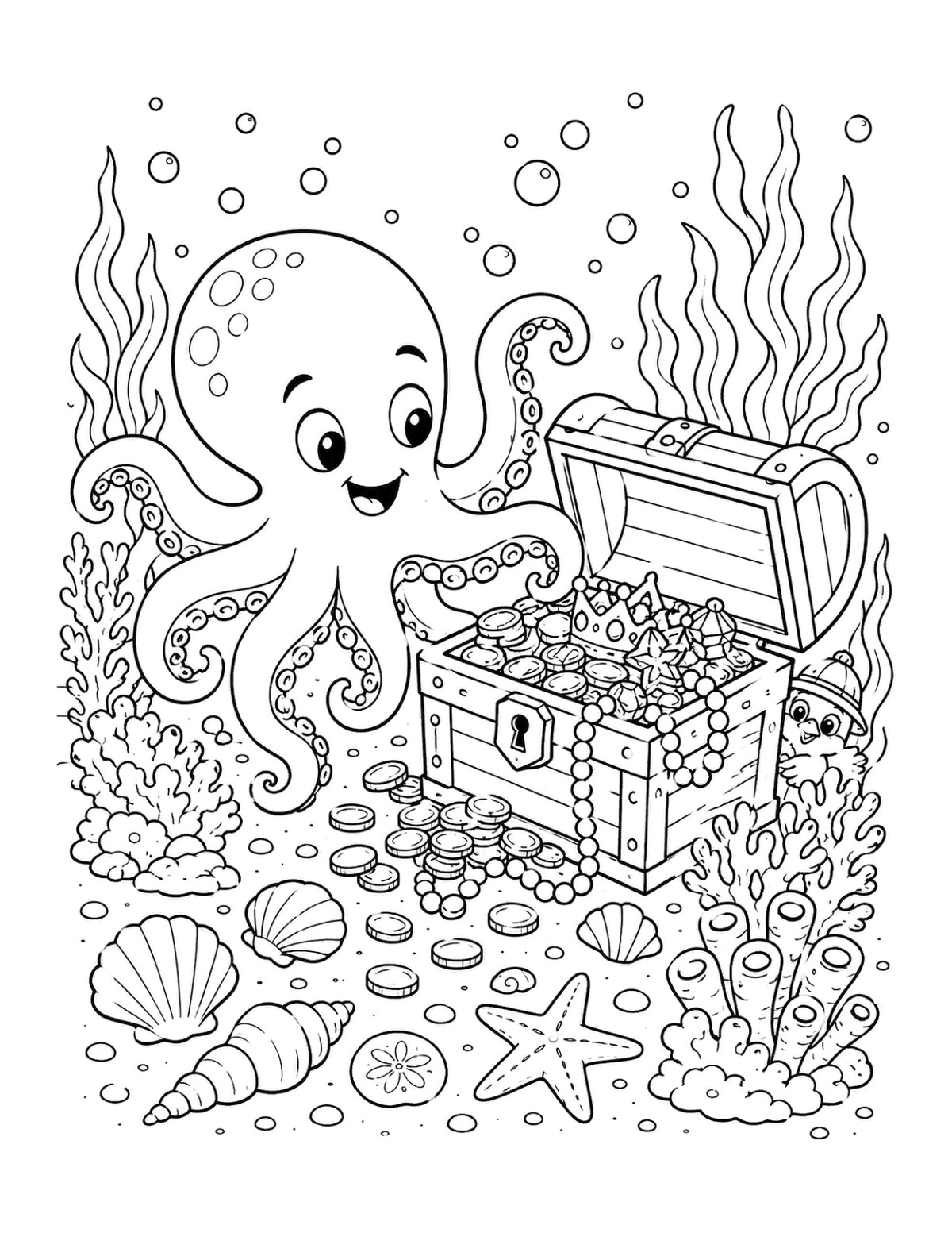 Ausmalbild mit Oktopus und Schatztruhe unter Wasser aus „Unterwasser-Abenteuer“