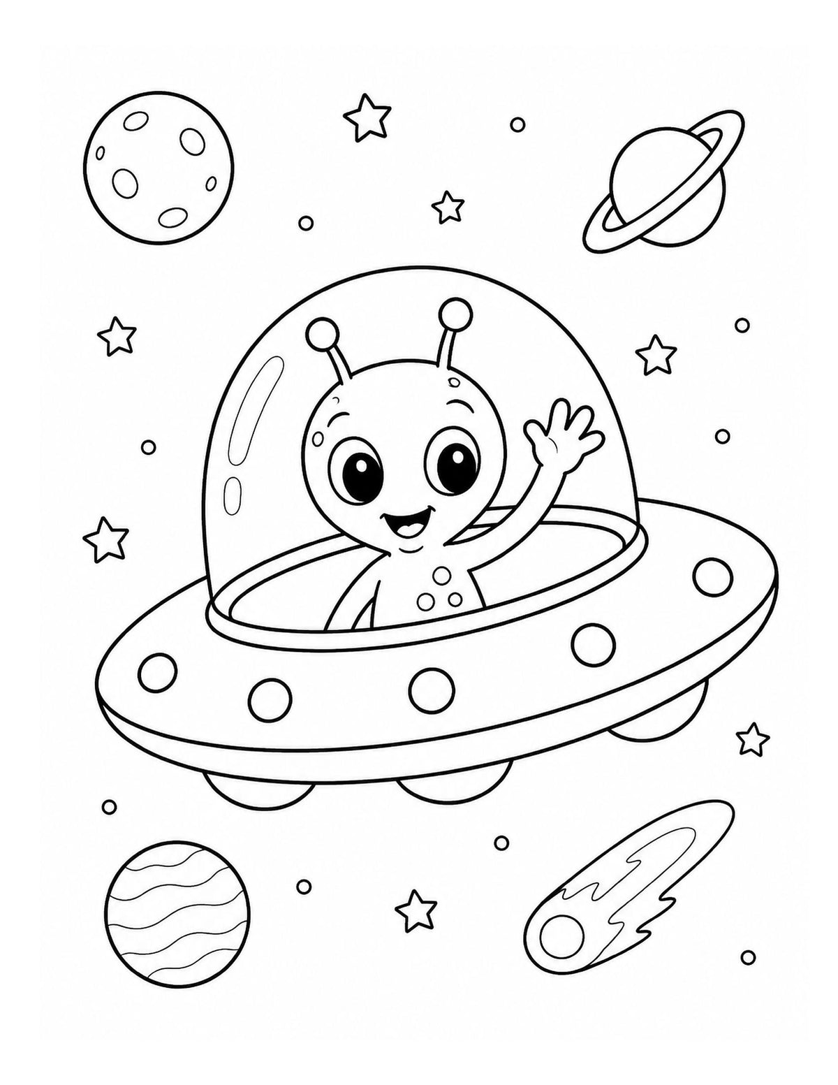 Ausmalbild mit freundlichem Alien im UFO zwischen Planeten und Sternen aus „Weltraum-Abenteuer“