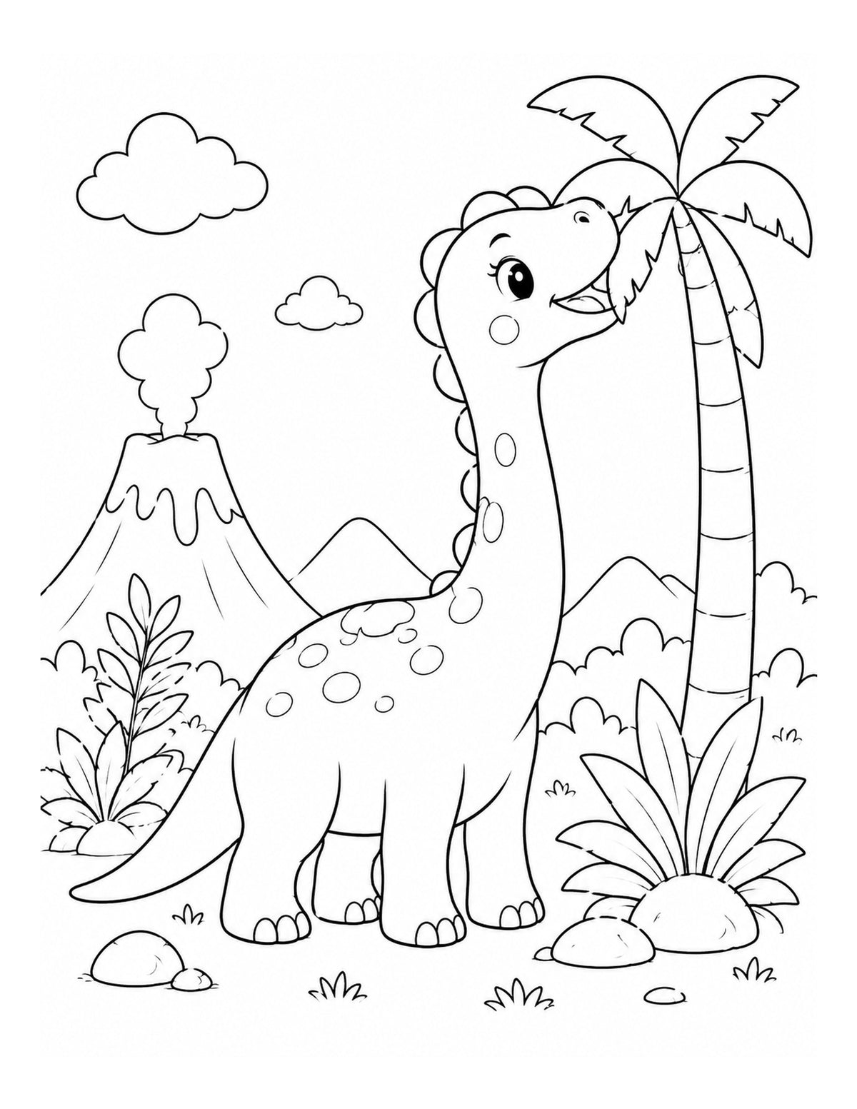 Ausmalbild mit Langhals-Dinosaurier, Palme und Vulkan aus „Dinosaurier-Abenteuer“