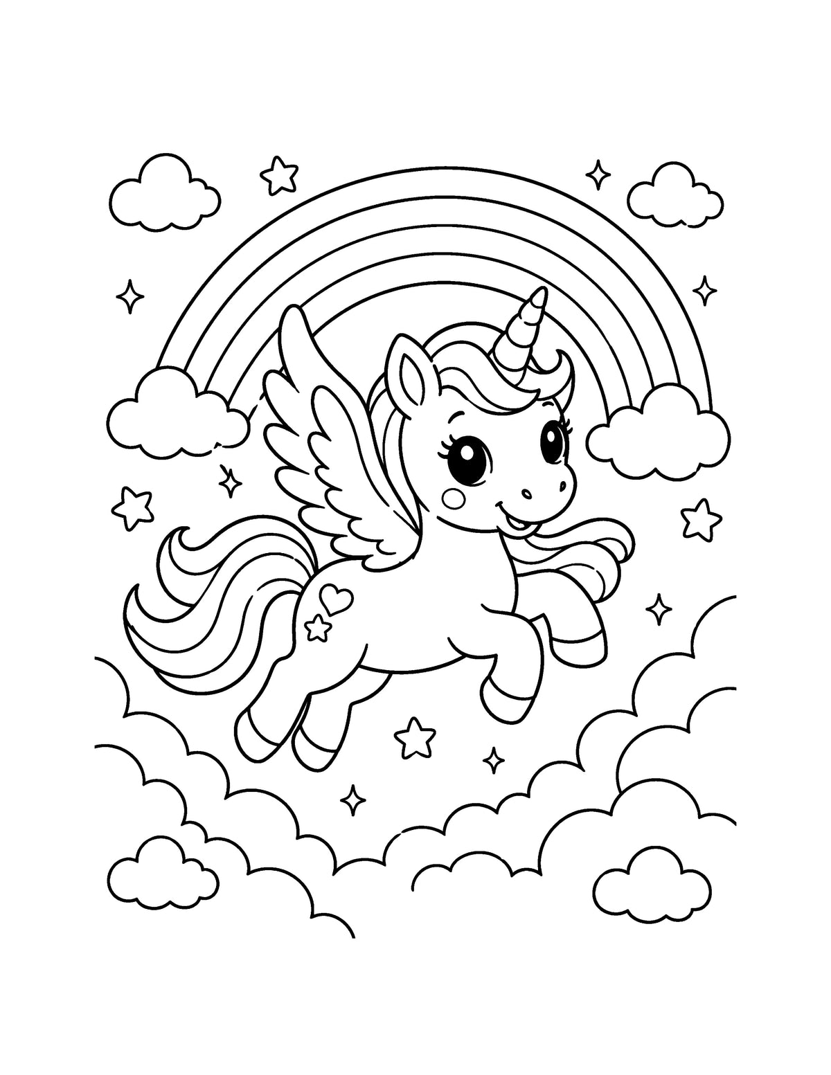 Ausmalbild mit fliegendem Einhorn, Regenbogen, Wolken und Sternen aus „Meine magische Einhornwelt“