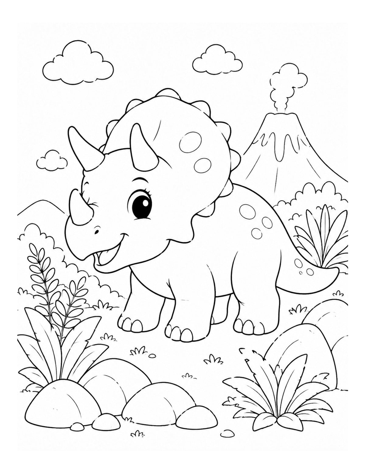 Ausmalbild mit Triceratops, Vulkan und Urzeitlandschaft aus „Dinosaurier-Abenteuer“