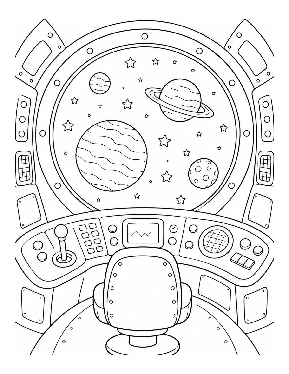 Ausmalbild mit Cockpit eines Raumschiffs und Blick auf Planeten im Weltraum aus „Weltraum-Abenteuer“
