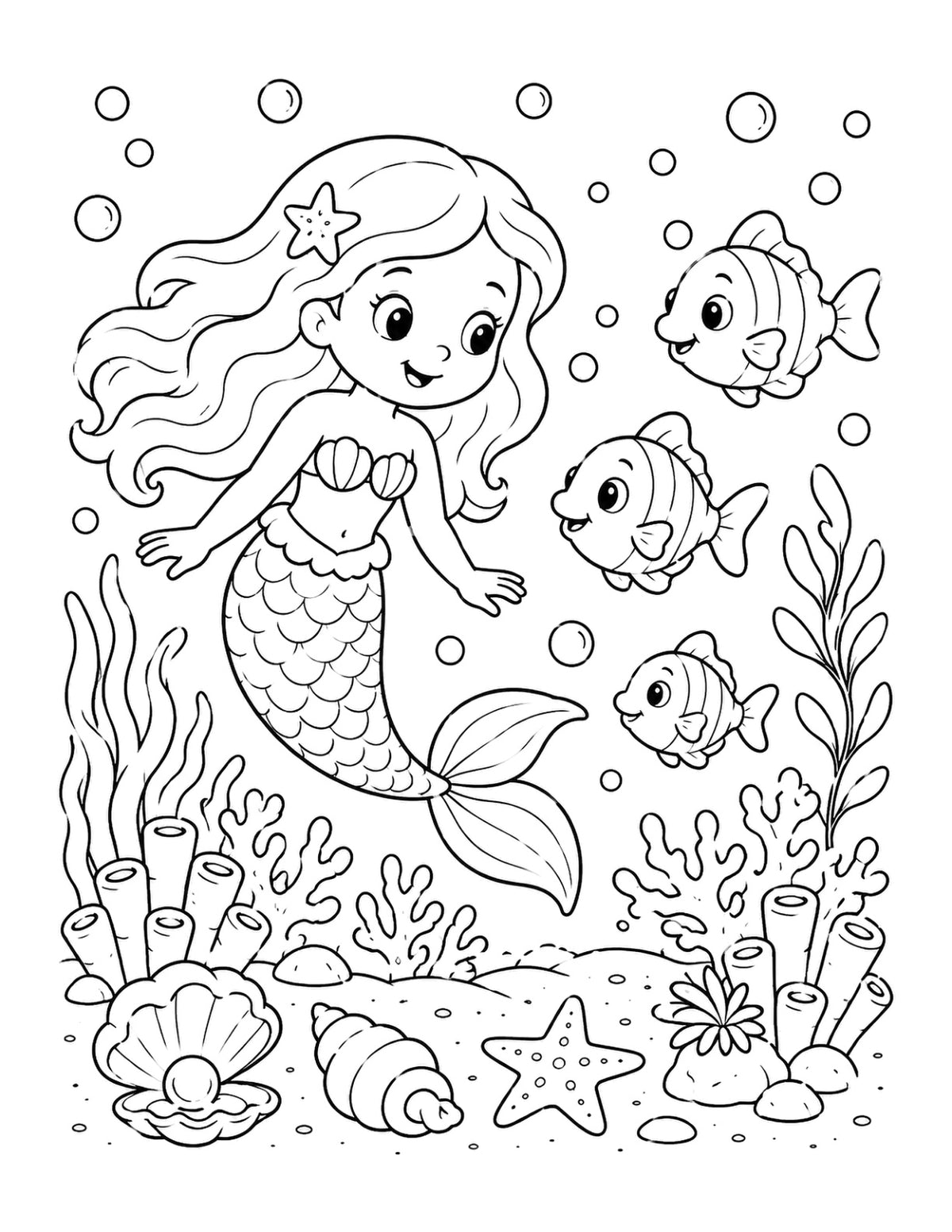 Ausmalbild mit Meerjungfrau, Fischen und Korallen aus „Unterwasser-Abenteuer“