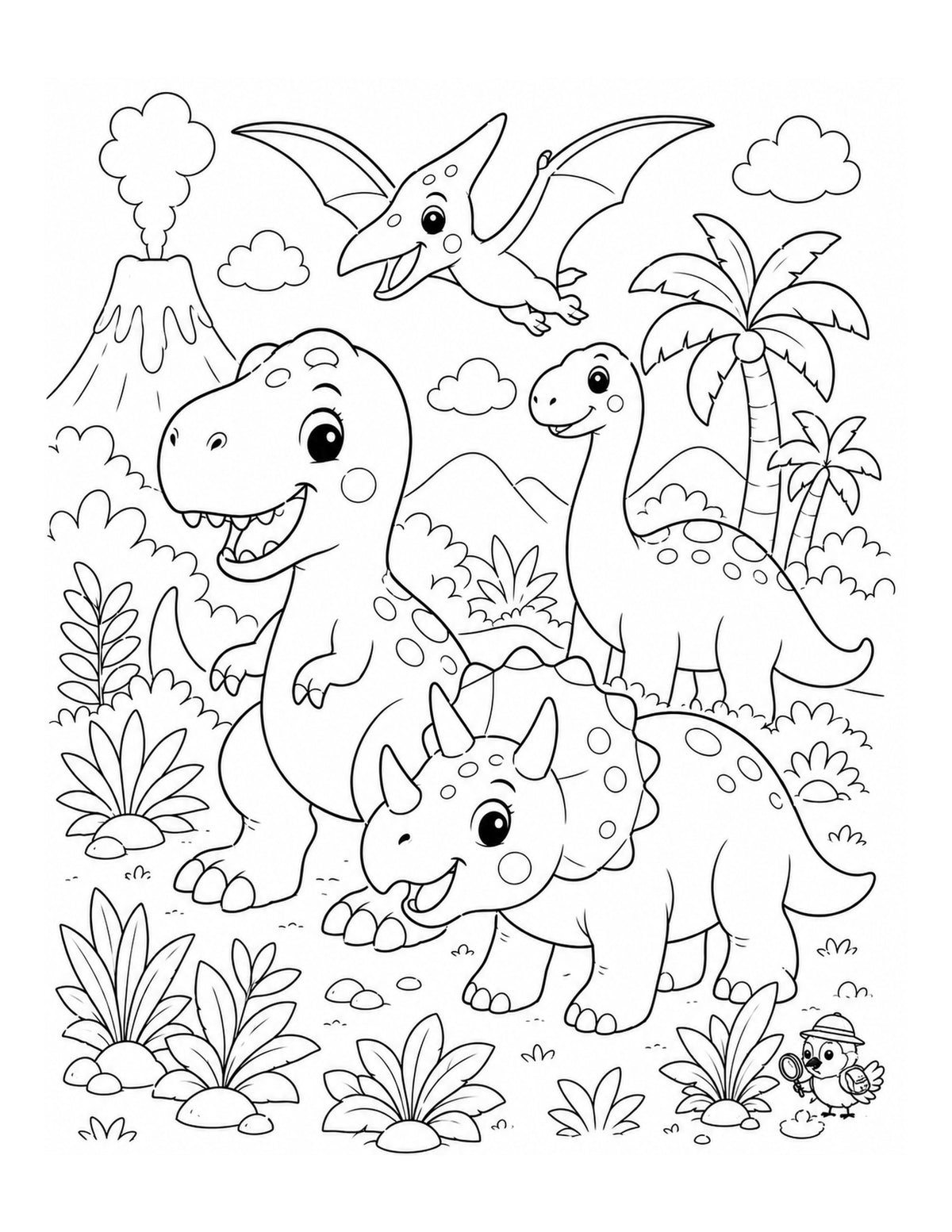 Ausmalbild mit mehreren Dinosauriern, Flugsaurier, Vulkan und Palmen aus „Dinosaurier-Abenteuer“