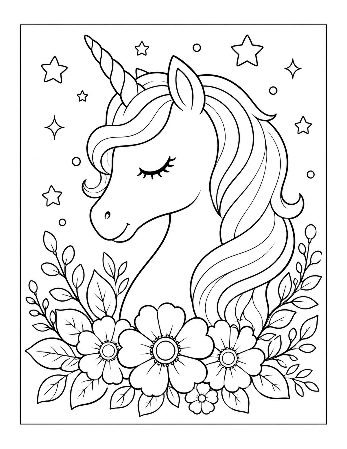 Ausmalbild mit Einhornporträt, Blumen und Sternen aus „Meine magische Einhornwelt“