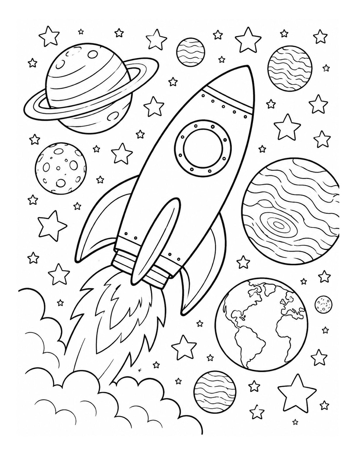 Ausmalbild mit startender Rakete, Planeten, Sternen und Erde aus „Weltraum-Abenteuer“