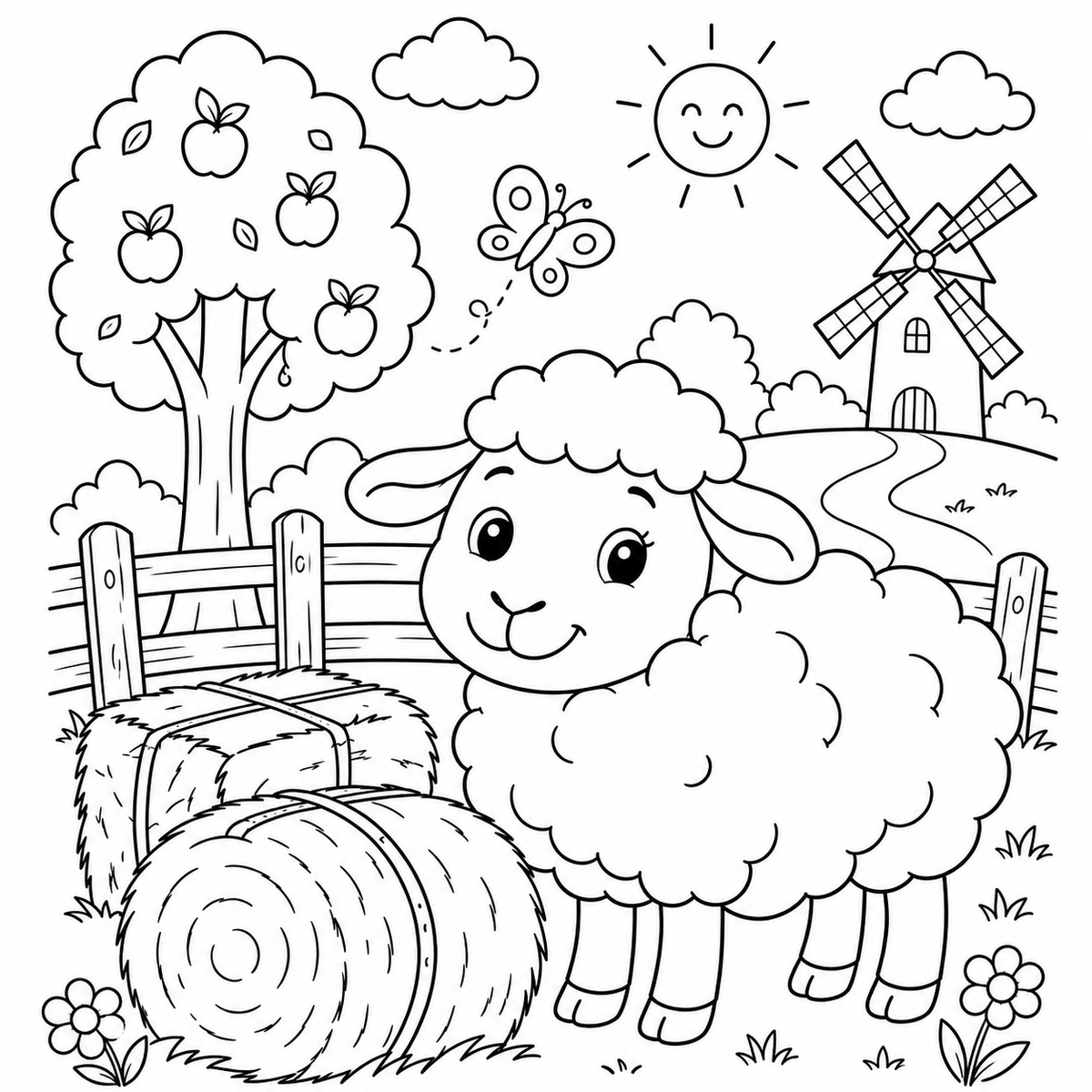 Ausmalbild mit süßem Schaf, Heuballen, Apfelbaum und Windmühle auf dem Bauernhof