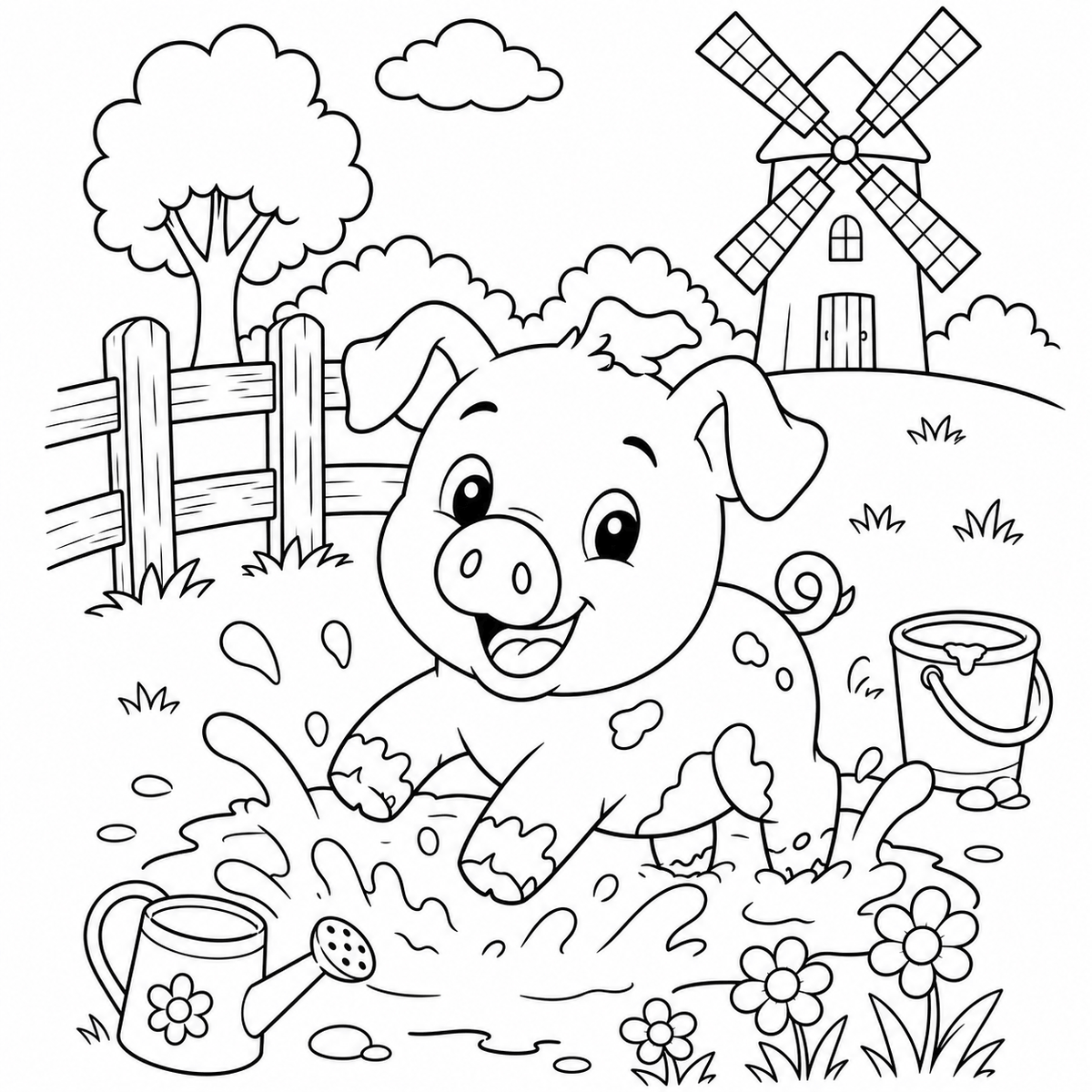 Ausmalbild mit fröhlichem Schweinchen, das auf dem Bauernhof im Matsch spielt
