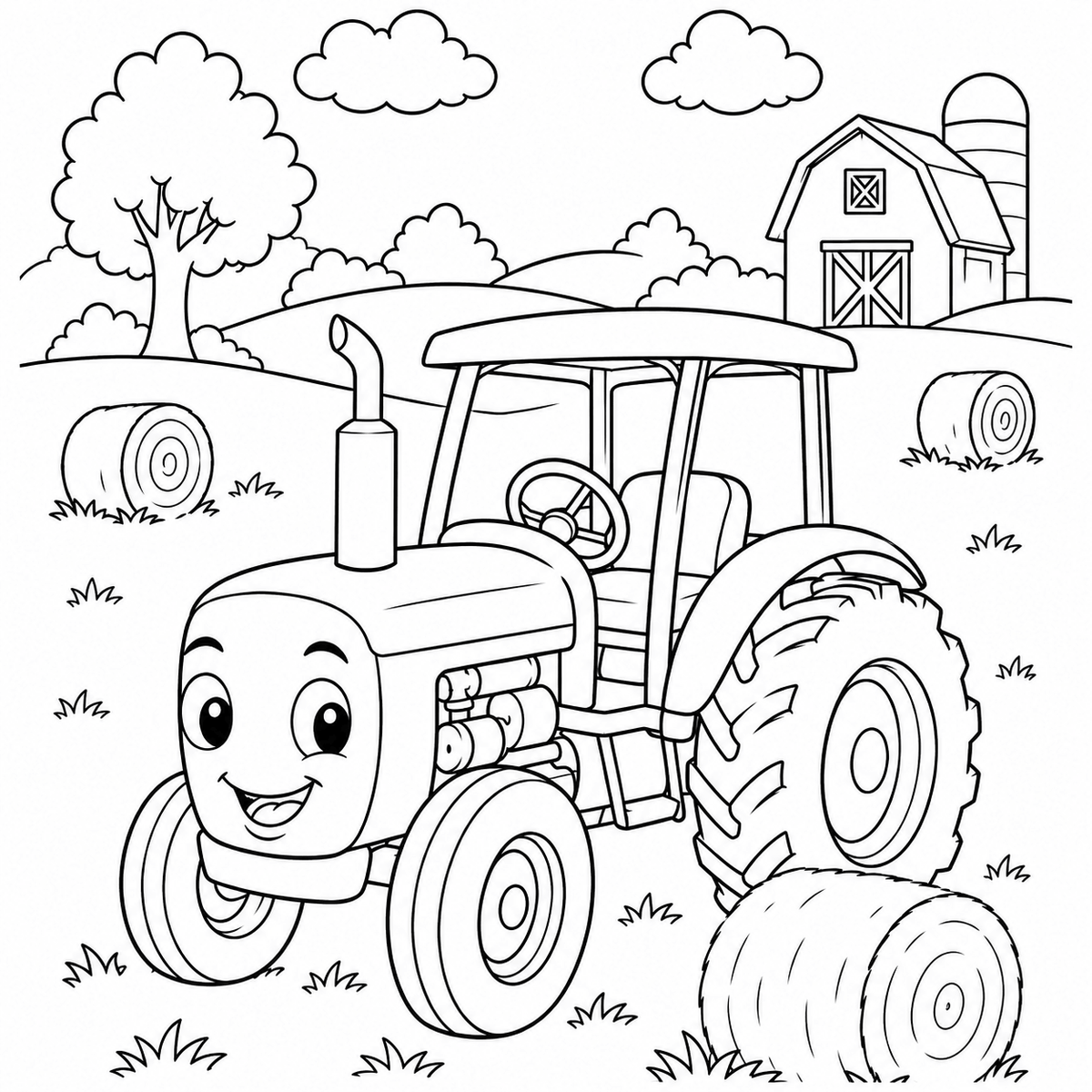 Ausmalbild mit freundlichem Traktor, Heuballen, Scheune und Feldern auf dem Bauernhof