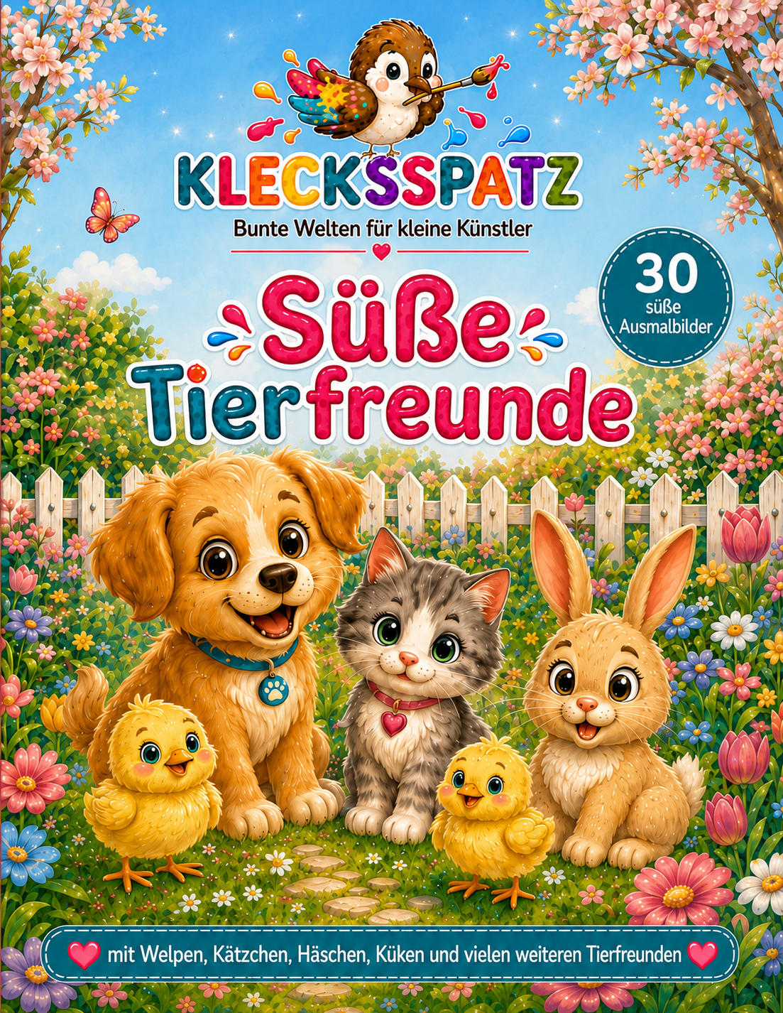 Klecksspatz – Süße Tierfreunde, Malbuch für Kinder mit Hund, Katze, Hase und Küken