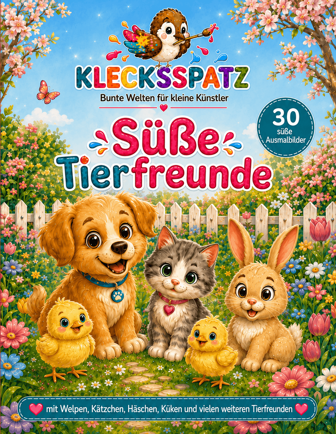 Klecksspatz – Süße Tierfreunde, Malbuch für Kinder mit Hund, Katze, Hase und Küken