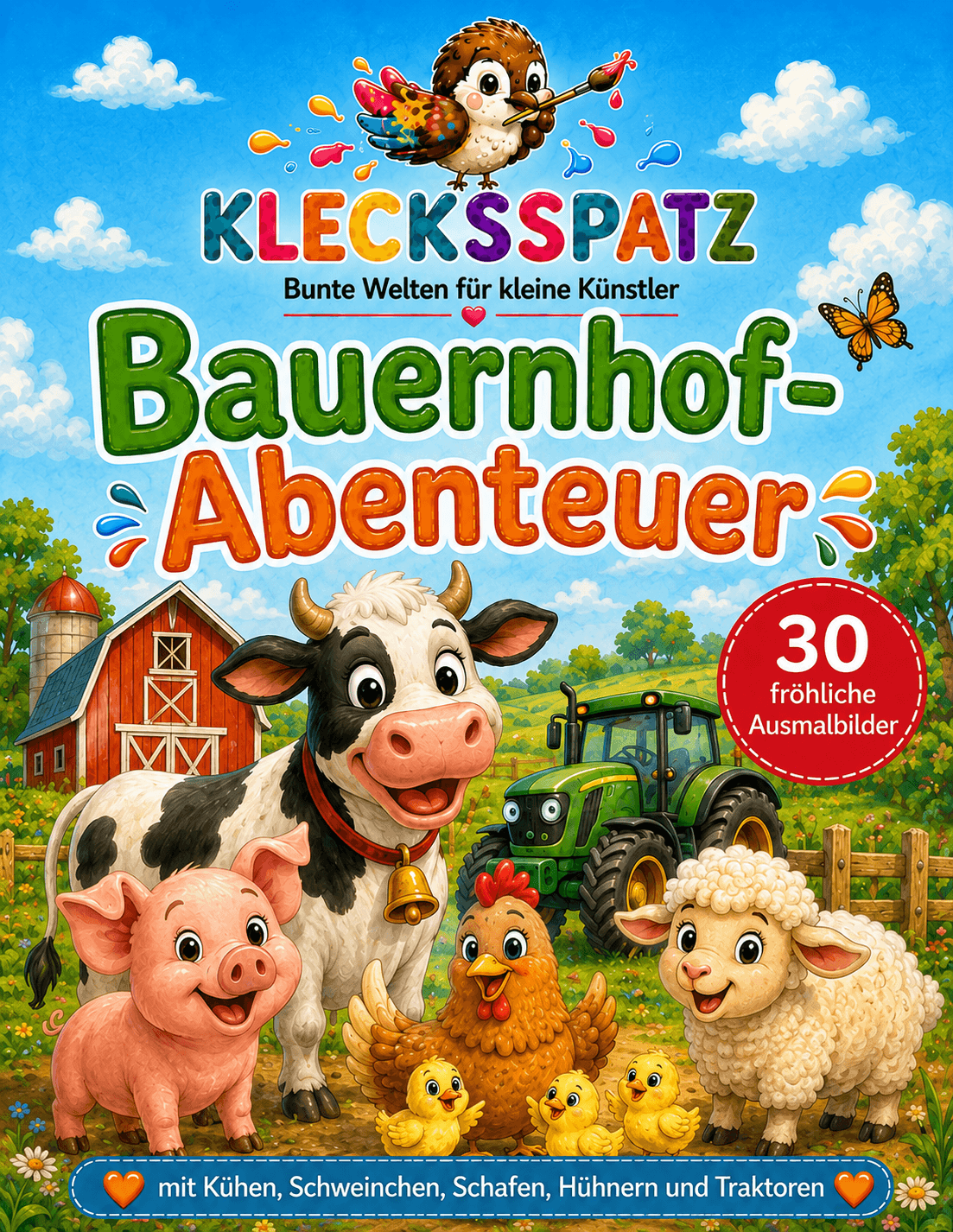 Klecksspatz – Bauernhof-Abenteuer, Malbuch für Kinder mit Traktor, Kuh, Schwein, Huhn und Bauernhoftieren