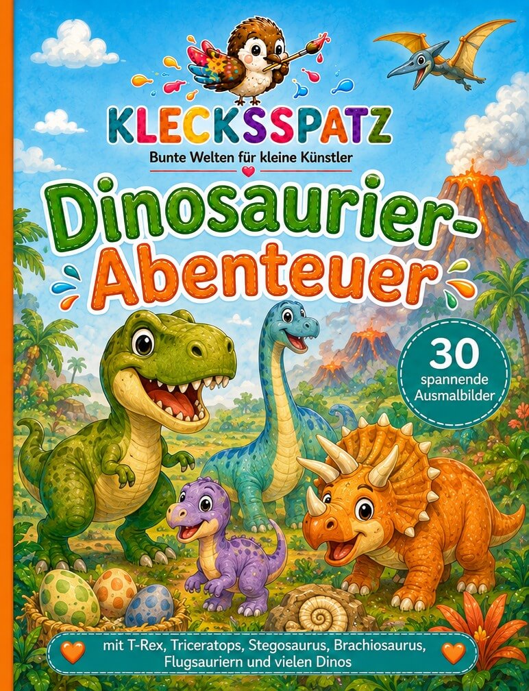 Klecksspatz – Dinosaurier-Abenteuer, Malbuch für Kinder mit T-Rex, Triceratops und weiteren Dinosauriern