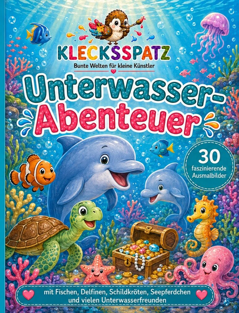 Klecksspatz – Unterwasser-Abenteuer, Malbuch für Kinder mit Delfinen, Schildkröte, Fischen und Meerestieren