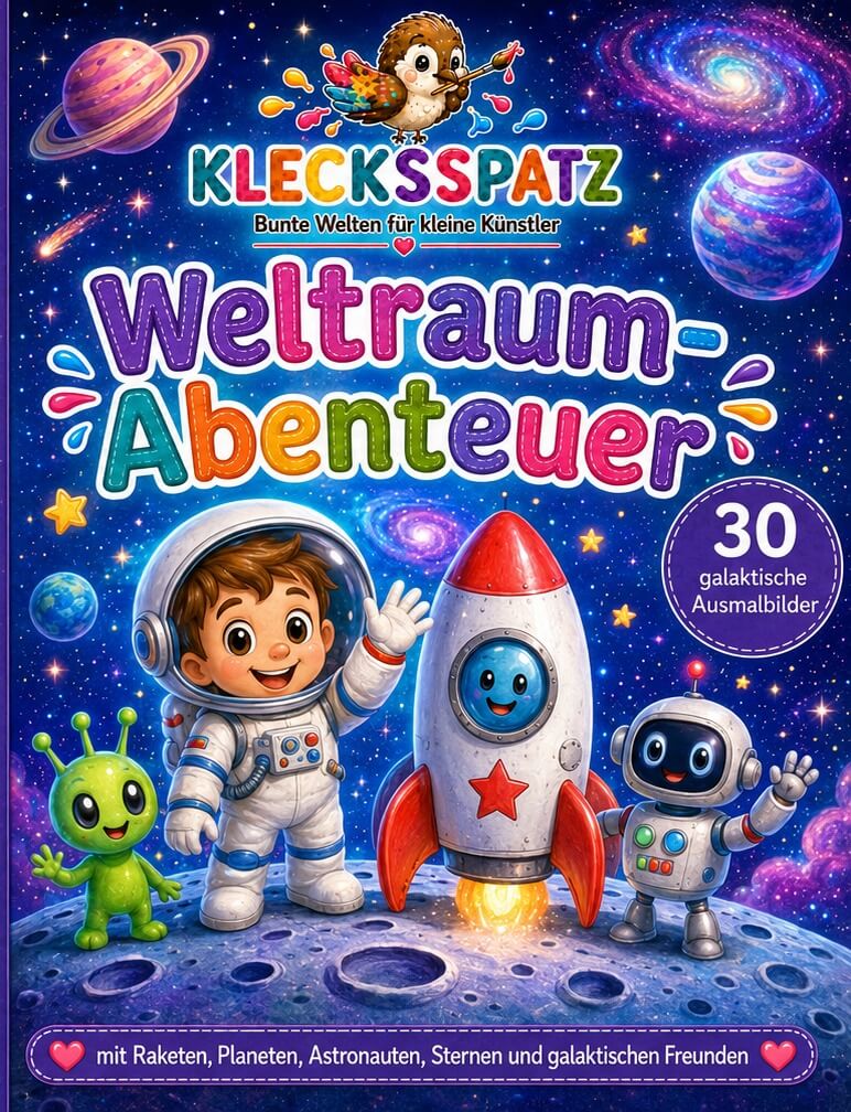 Klecksspatz – Weltraum-Abenteuer, Malbuch für Kinder mit Astronaut, Rakete, Planeten und Weltraumfreunden