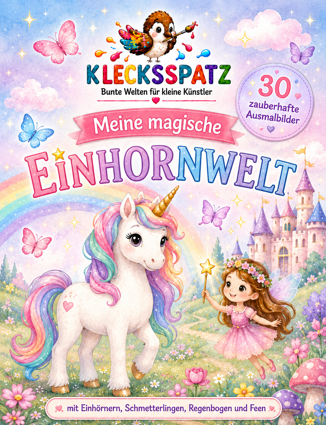 Klecksspatz – Meine magische Einhornwelt, Malbuch für Kinder mit Einhörnern, Regenbogen und Schloss