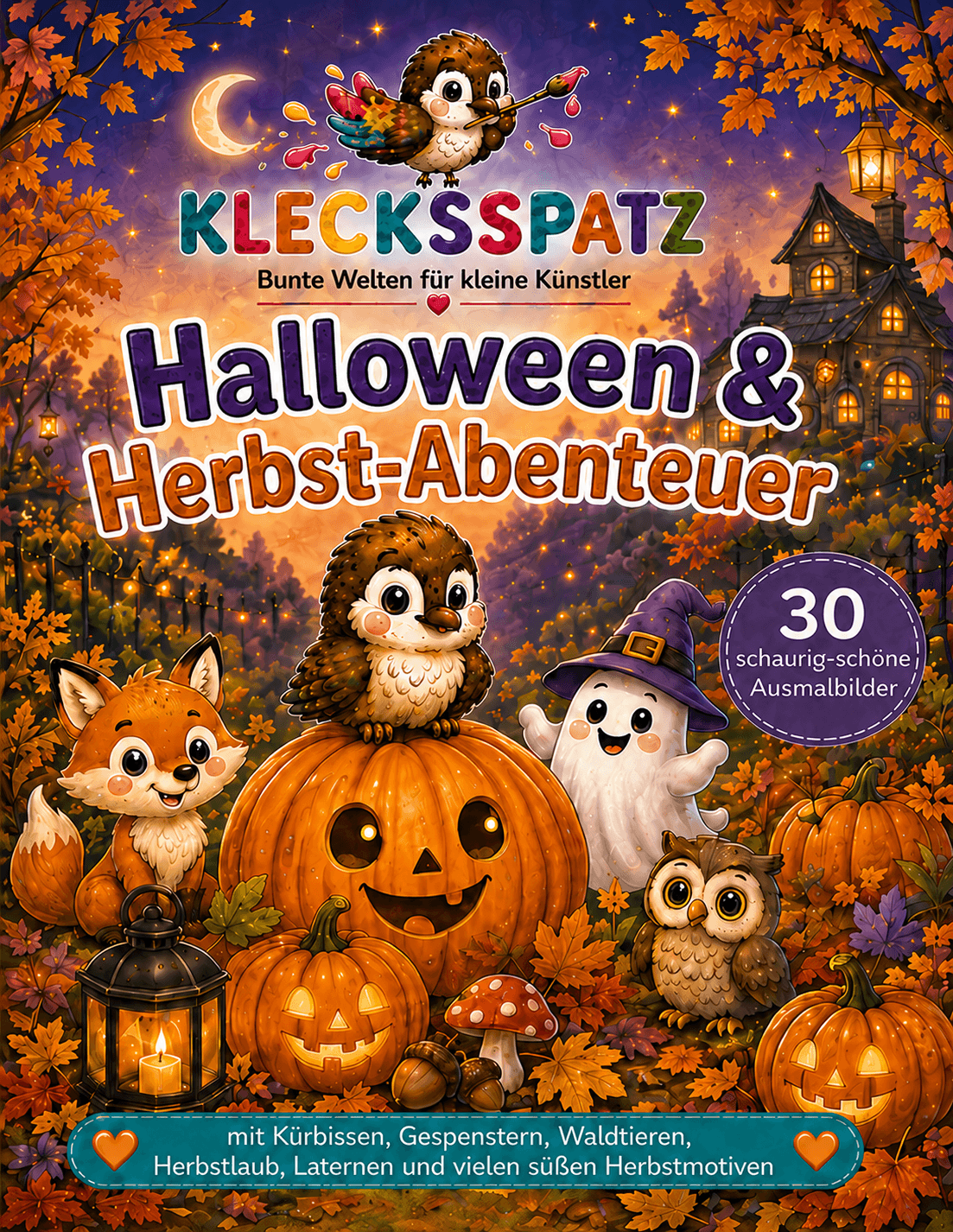 Cover des Klecksspatz Malbuchs Halloween & Herbst-Abenteuer mit Kürbissen, Gespenst, Fuchs, Eule, Laternen und herbstlichen Waldmotiven
