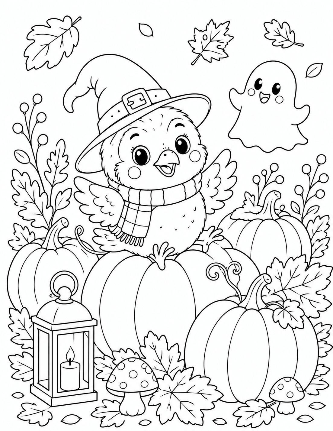 Halloween-Ausmalbild mit Klecksspatz, Kürbissen, Geist, Laterne und Herbstblättern
