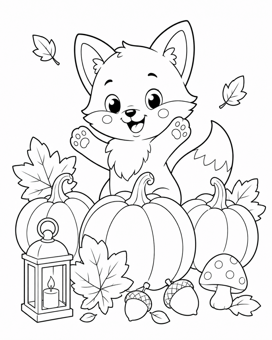 Herbst-Ausmalbild für Kinder mit niedlichem Fuchs, Kürbissen, Laterne, Pilz und Herbstlaub