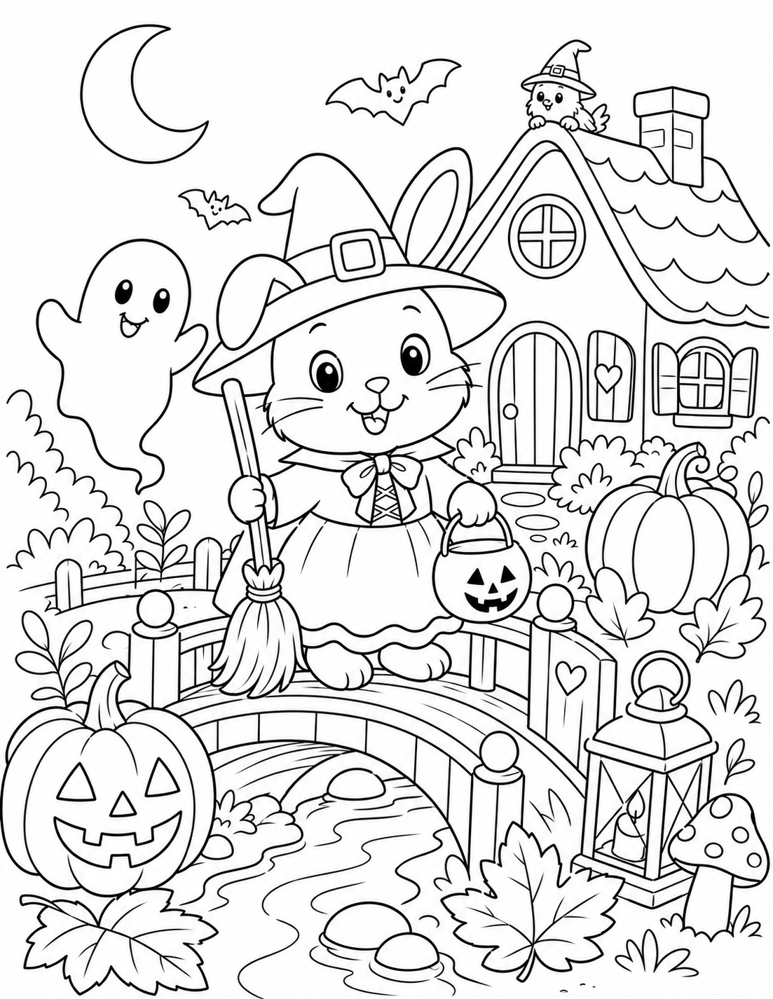 Halloween-Ausmalbild mit niedlicher Hexenhäsin, Kürbissen, Geist, Fledermäusen und Laterne
