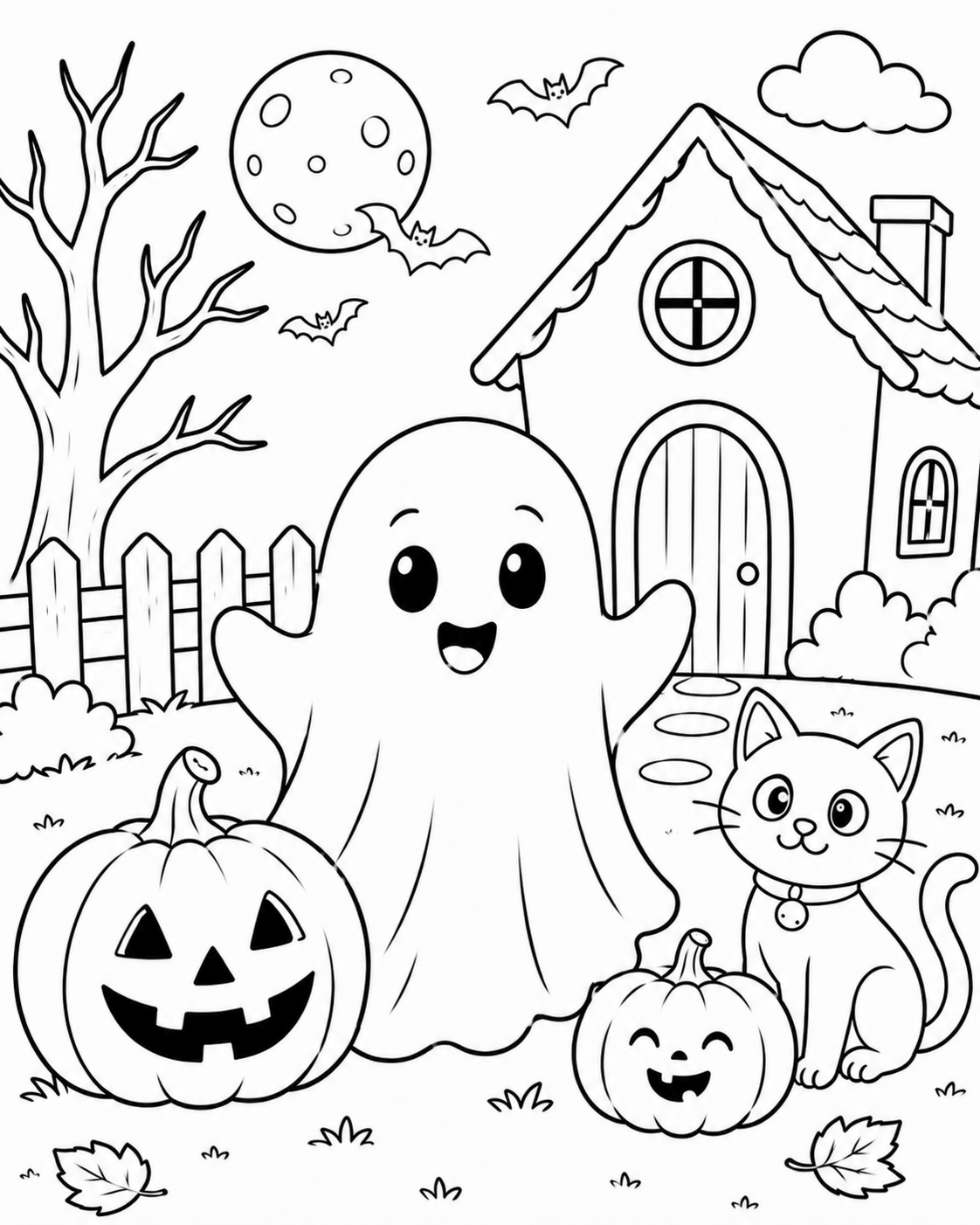 Halloween-Ausmalbild für Kinder mit freundlichem Geist, Katze, Kürbissen, Mond und Herbstgarten