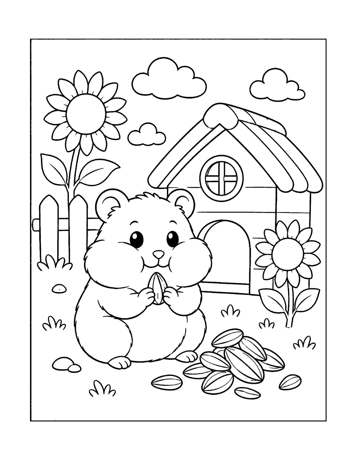 Ausmalbild mit Hamster, Sonnenblumen und Häuschen aus „Süße Tierfreunde“