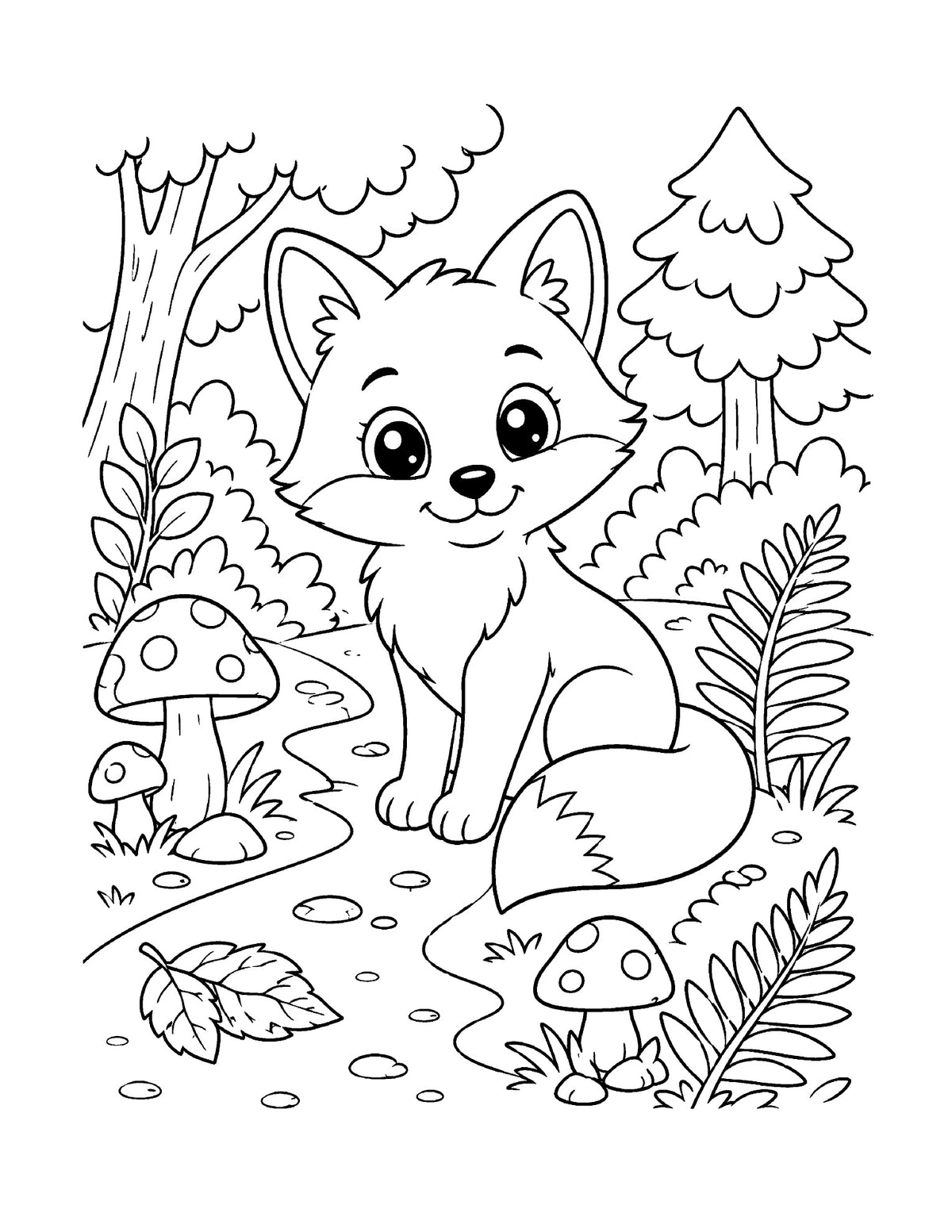Ausmalbild mit Fuchs im Wald zwischen Pilzen und Pflanzen aus „Süße Tierfreunde“