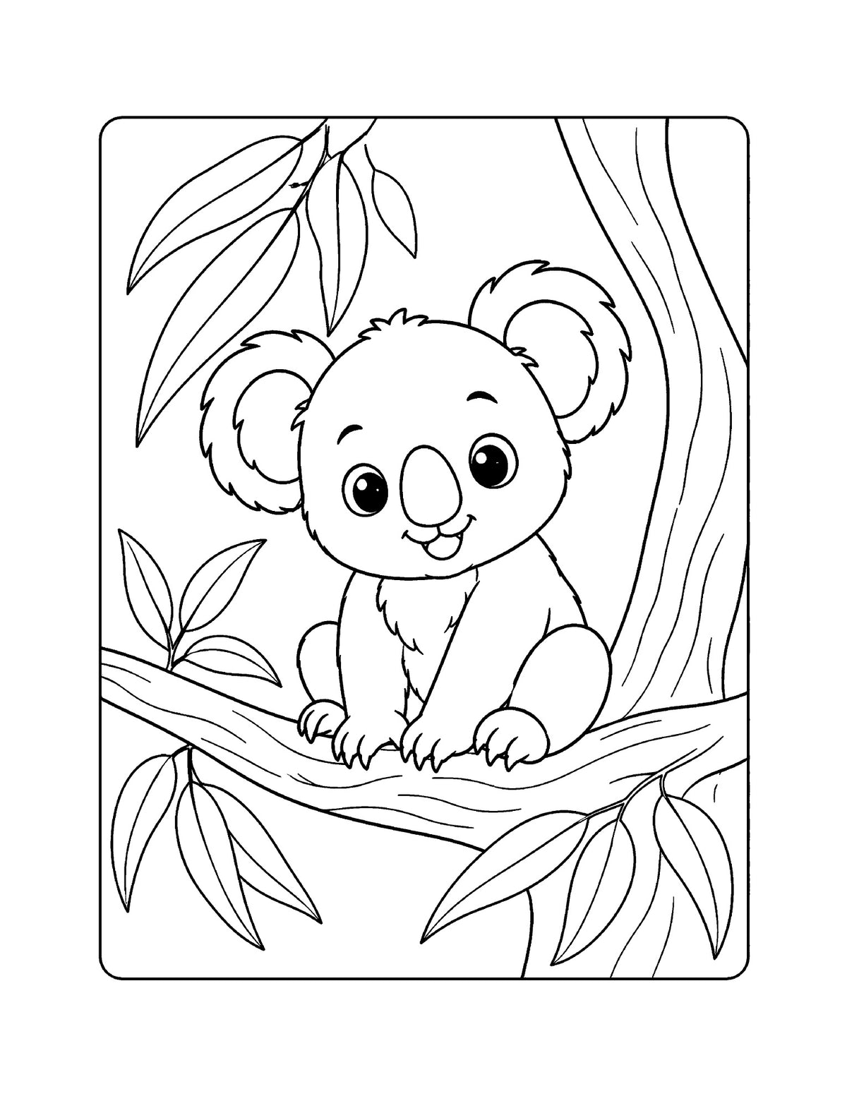 Ausmalbild mit Koala auf einem Baum aus „Süße Tierfreunde“